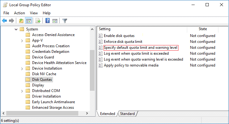 Haga doble clic en Especificar límite de cuota predeterminado y nivel de advertencia en gpedit