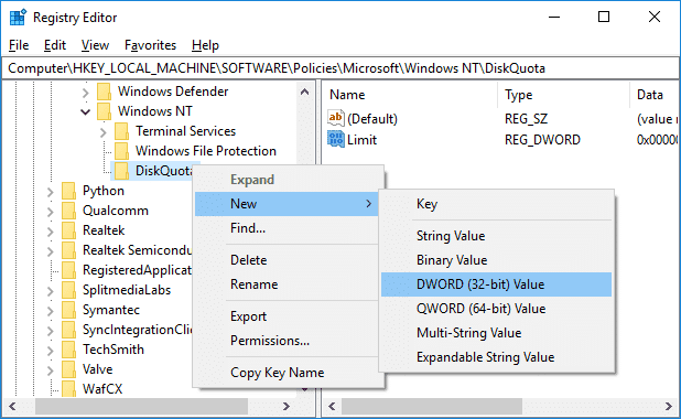 Cree un nuevo DWORD y luego nombre este DWORD como LimitUnits