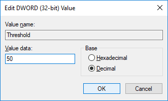 Cambie el valor de DWORD Threshold a cuántos GB o MB desea configurar para un nivel de advertencia predeterminado