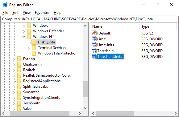 Haga clic con el botón derecho en DiskQuota, luego seleccione Nuevo, luego Valor DWORD (32 bits) y luego nombre este DWORD como ThresholdUnits
