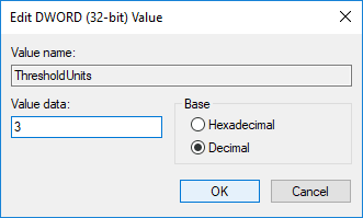Cambie el valor de ThresholdUnits DWORD de la siguiente tabla para tener el nivel de advertencia predeterminado que