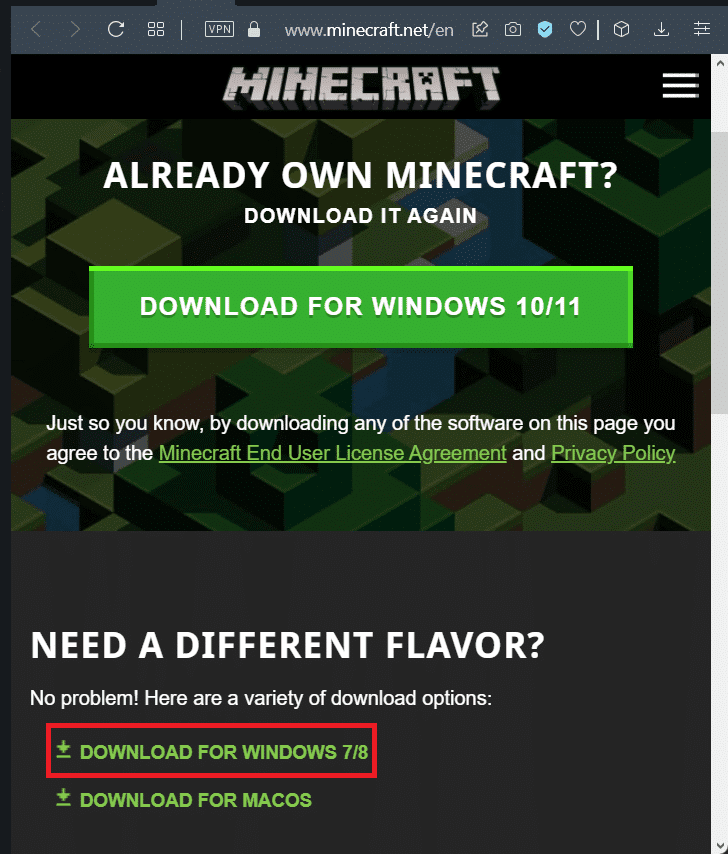 Descargando Minecraft Launcher desde el sitio web oficial.  Solucionar el error de Minecraft 0x803f8001 en Windows 11
