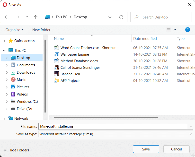 Cuadro de diálogo Guardar como para guardar el archivo de instalación