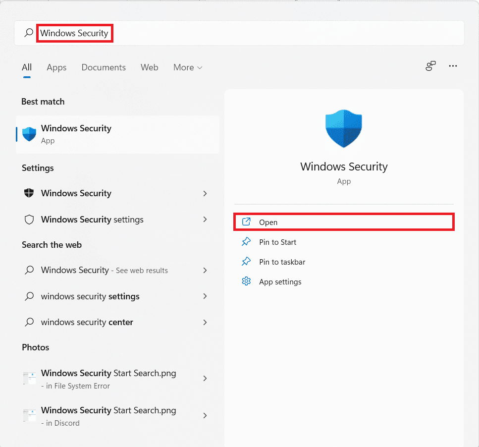 Resultados de la búsqueda del menú Inicio para la seguridad de Windows