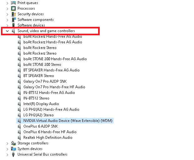 Inicie el Administrador de dispositivos y expanda el controlador de sonido, video y juegos siguiendo los pasos mencionados anteriormente.  Onda de dispositivo de audio virtual NVIDIA extensible
