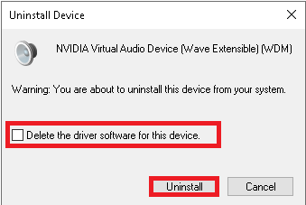 marque la casilla Eliminar el software del controlador para este dispositivo y confirme el mensaje de advertencia haciendo clic en Desinstalar.