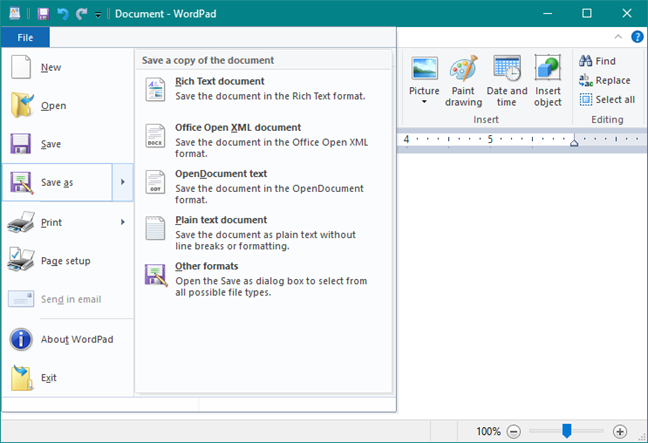 Opciones de guardado que ofrece WordPad