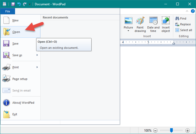 Abrir un documento en WordPad