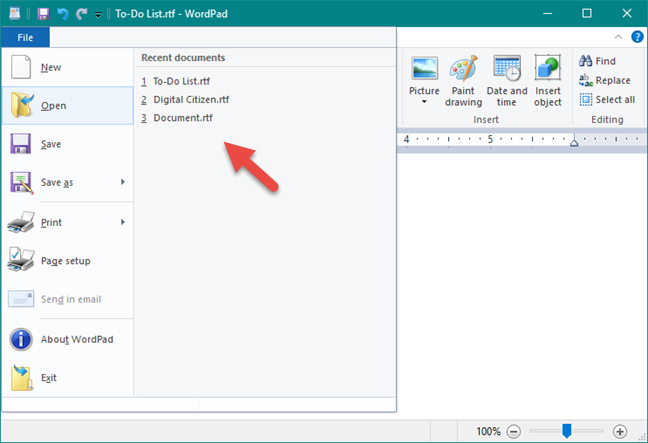 Documentos recientes mostrados en WordPad