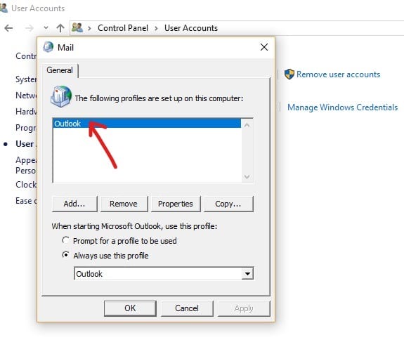 Seleccione el perfil que desea corregir de los perfiles disponibles |  Arreglar archivos de datos corruptos .ost y .pst de Outlook