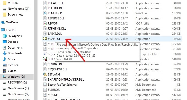 Haga doble clic en el archivo SCANPST para abrir el cuadro de diálogo de la experiencia de reparación de la bandeja de entrada de Microsoft Outlook