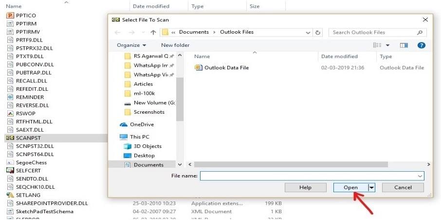 Localice el archivo .pst que desea reparar y luego haga clic en el botón Abrir |  Arreglar archivos de datos de Outlook dañados