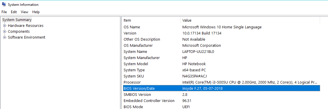 La carpeta Información del sistema se abrirá y verificará la versión del BIOS de su PC