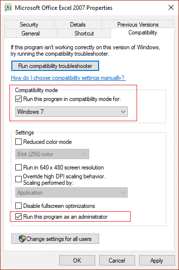 Marque 'Ejecutar este programa en modo de compatibilidad para' y 'Ejecutar este programa como administrador'