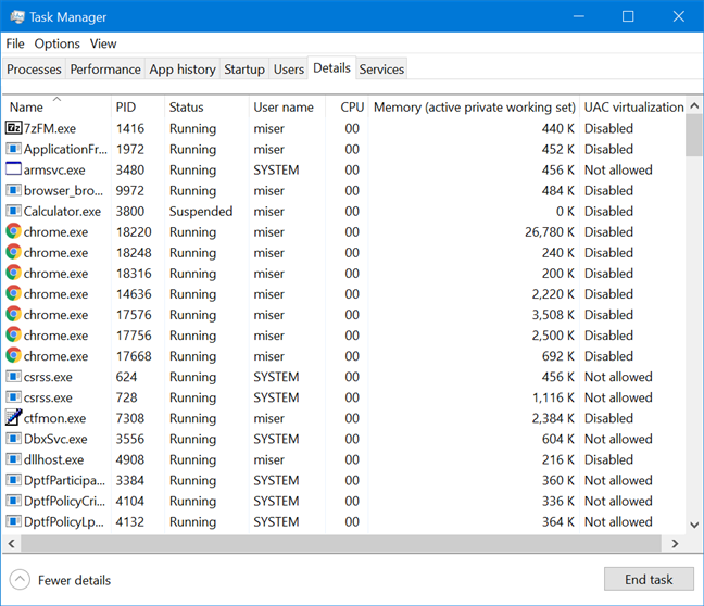La vista predeterminada de la pestaña Detalles en el Administrador de tareas de Windows 10