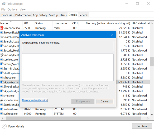 Skype se ejecuta normalmente en la ventana Analizar cadena de espera