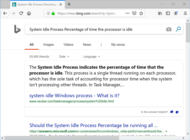 Su navegador ejecuta una búsqueda de Bing con el nombre y la descripción del proceso