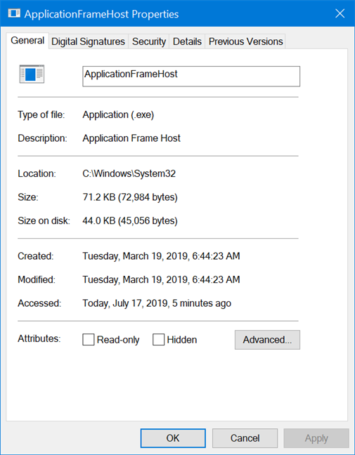 Las propiedades de Application Frame Host