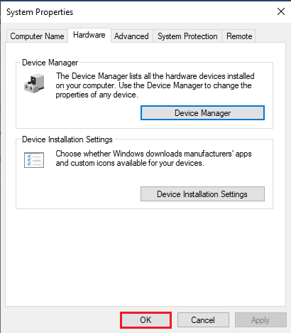 Haga clic en el botón Aceptar en la ventana Propiedades del sistema.  Corrección que actualmente no usa la pantalla adjunta al problema de escritorio NVIDIA GPU