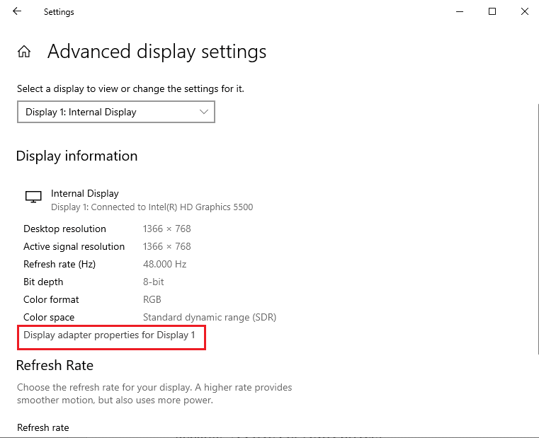 Propiedades del adaptador de pantalla.  Corrección que actualmente no usa la pantalla adjunta al problema de escritorio NVIDIA GPU