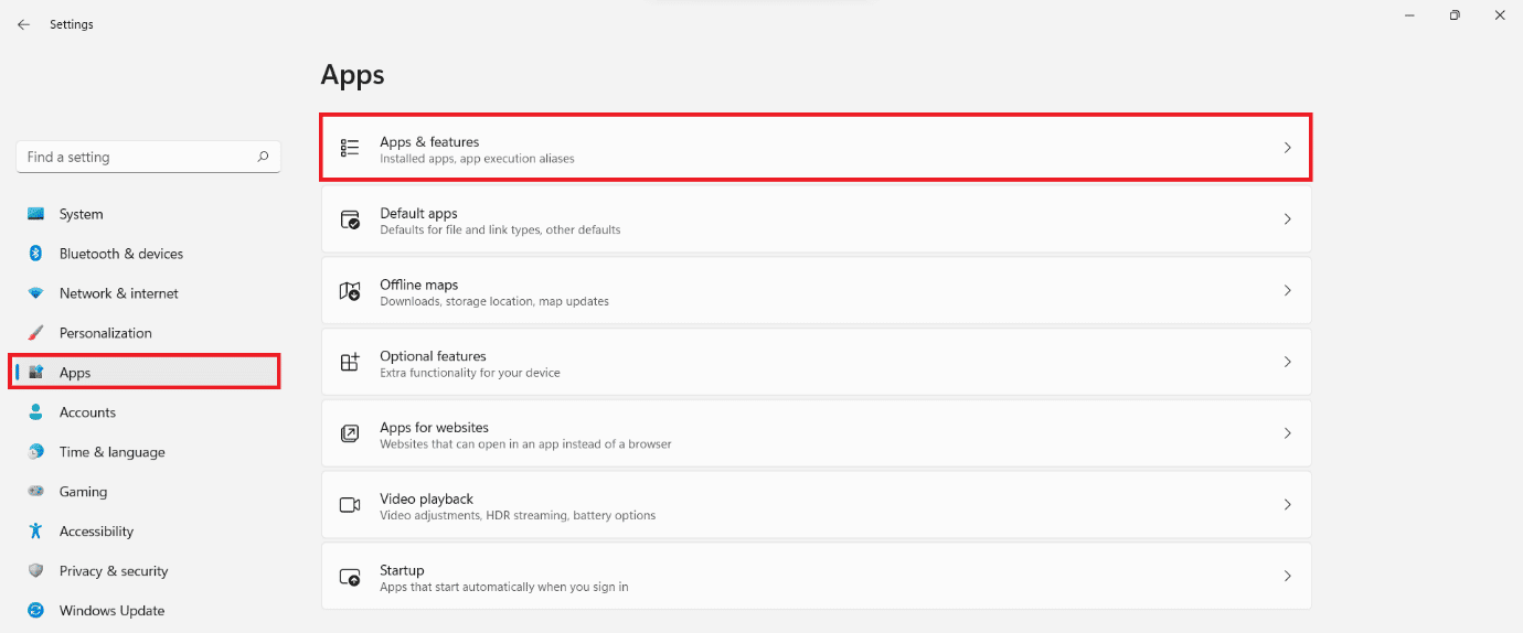 haga clic en Aplicaciones y luego seleccione Aplicaciones y funciones en la aplicación Configuración.  Cómo deshabilitar la barra de juegos de Xbox en Windows 11