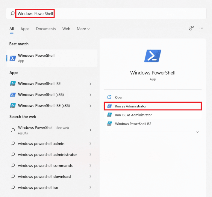 Resultados de búsqueda del menú Inicio para Windows PowerShell