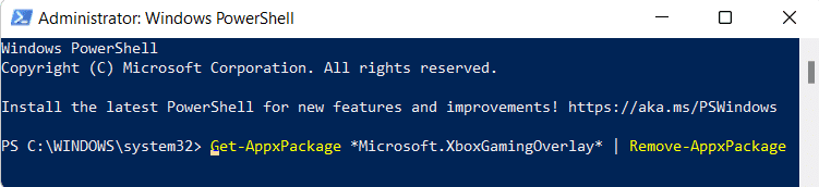 elimine xboxgamingoverlay para un usuario en particular de Windows PowerShell.