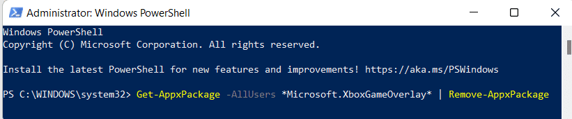 elimine xboxgameoverlay para todos los usuarios de Windows PowerShell.  Cómo deshabilitar la barra de juegos de Xbox en Windows 11