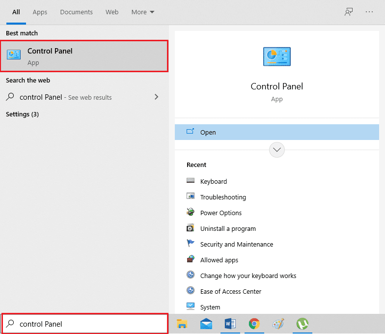 Inicie el Panel de control usando la opción de búsqueda de Windows