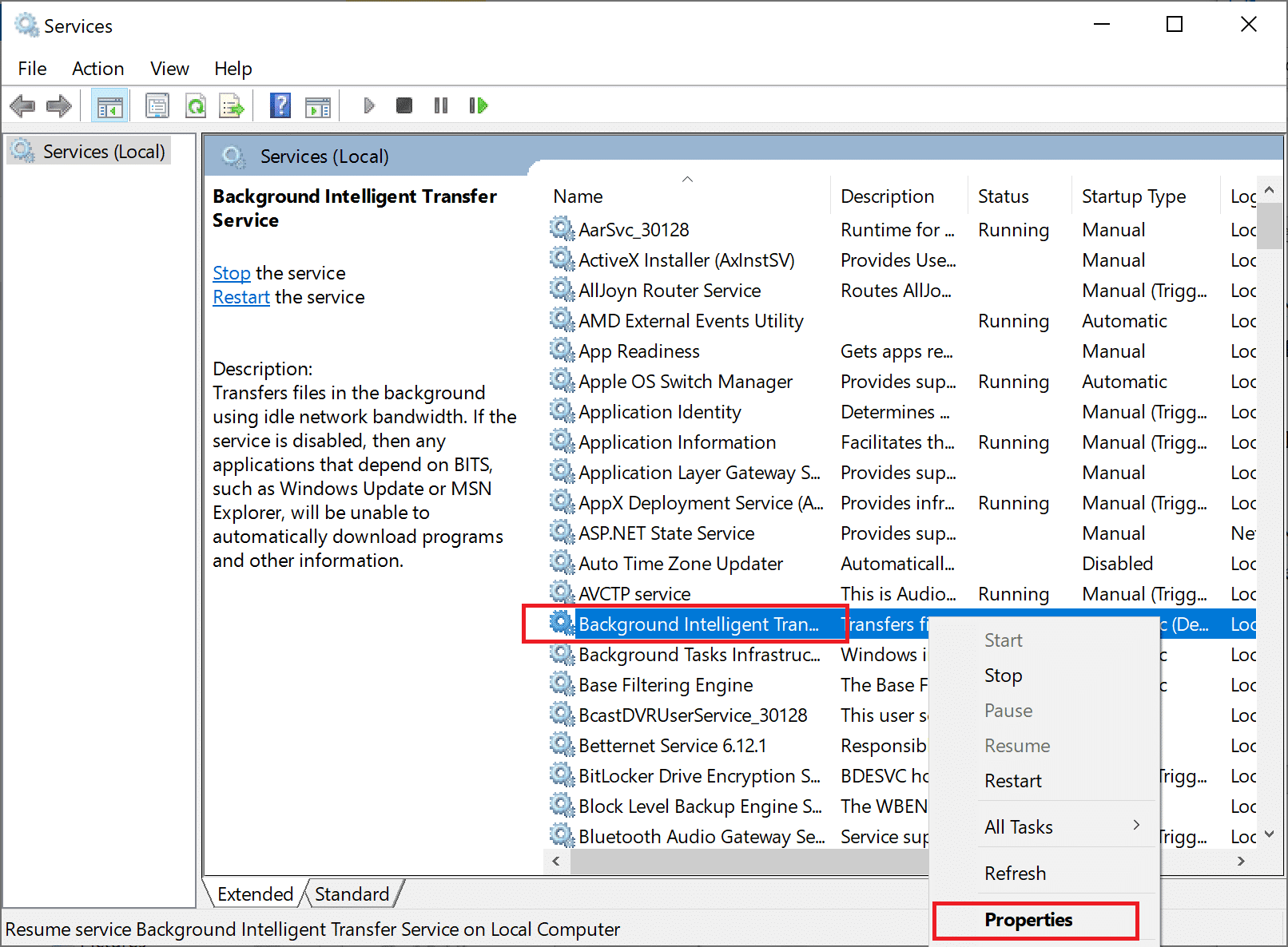 Haga clic derecho en Servicio de transferencia inteligente en segundo plano y seleccione Propiedades