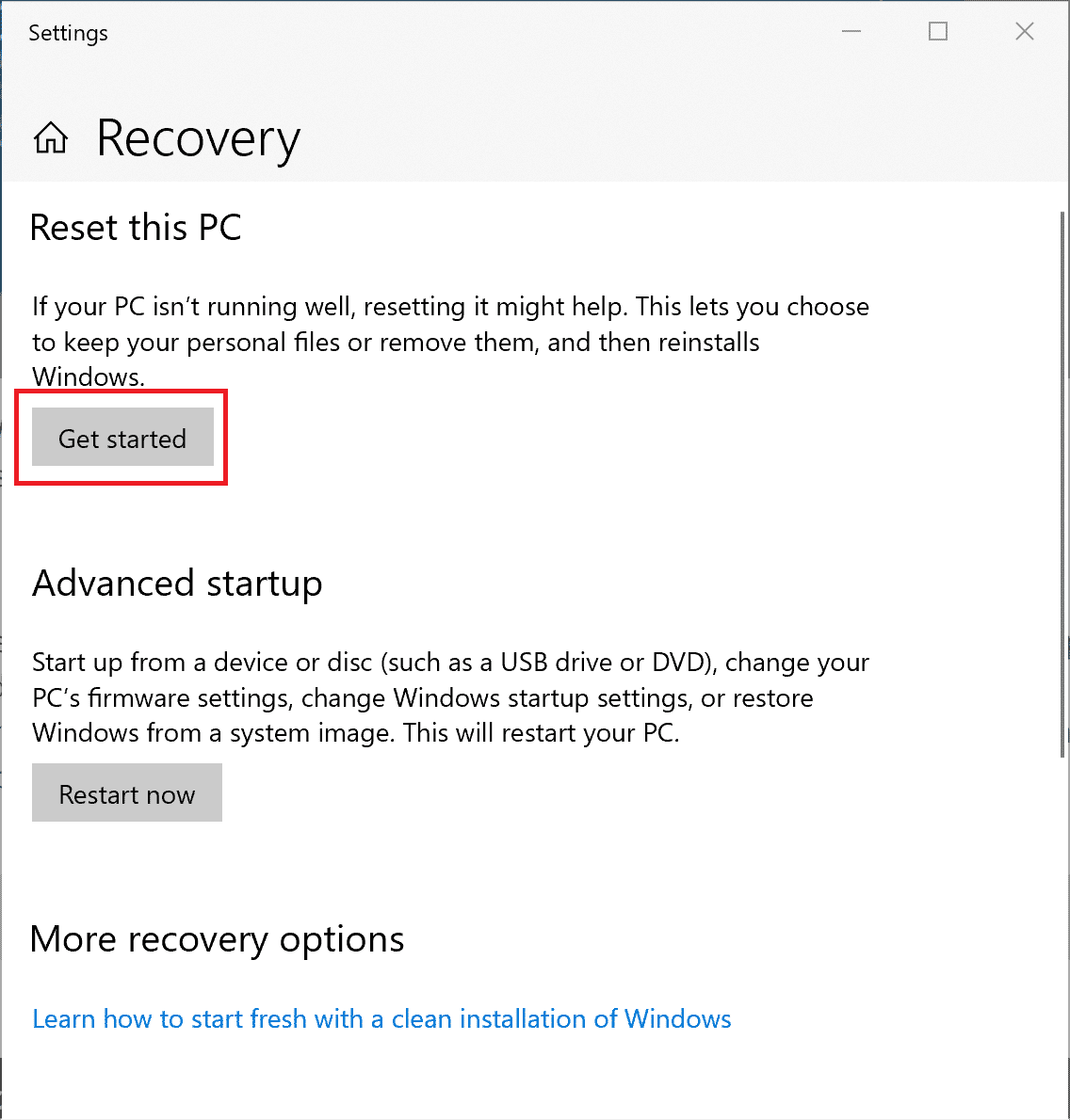 En la ventana Recuperación que se abre, haga clic en Comenzar en Restablecer esta PC |  Arreglar Windows 10 no se actualizará