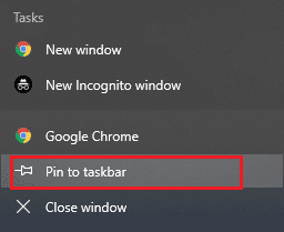 Inicie Chrome y en la barra de tareas de Windows, haga clic derecho en Chrome y luego seleccione Anclar a la barra de tareas