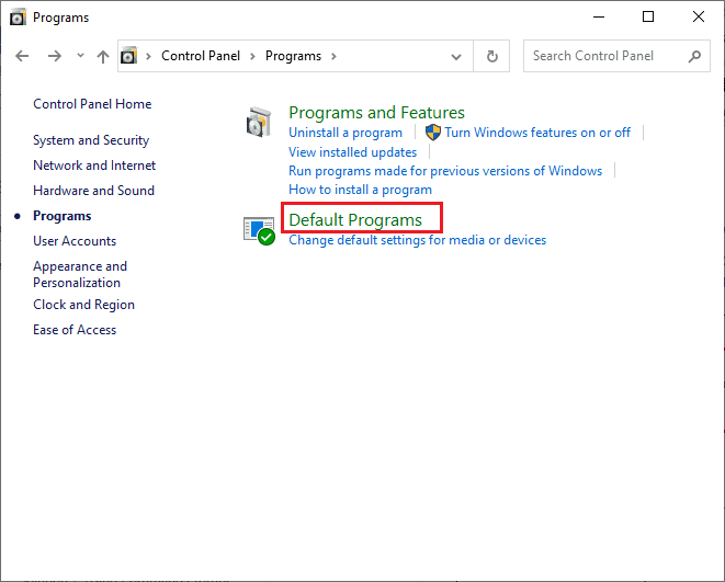 Ahora, haga clic en Programas predeterminados