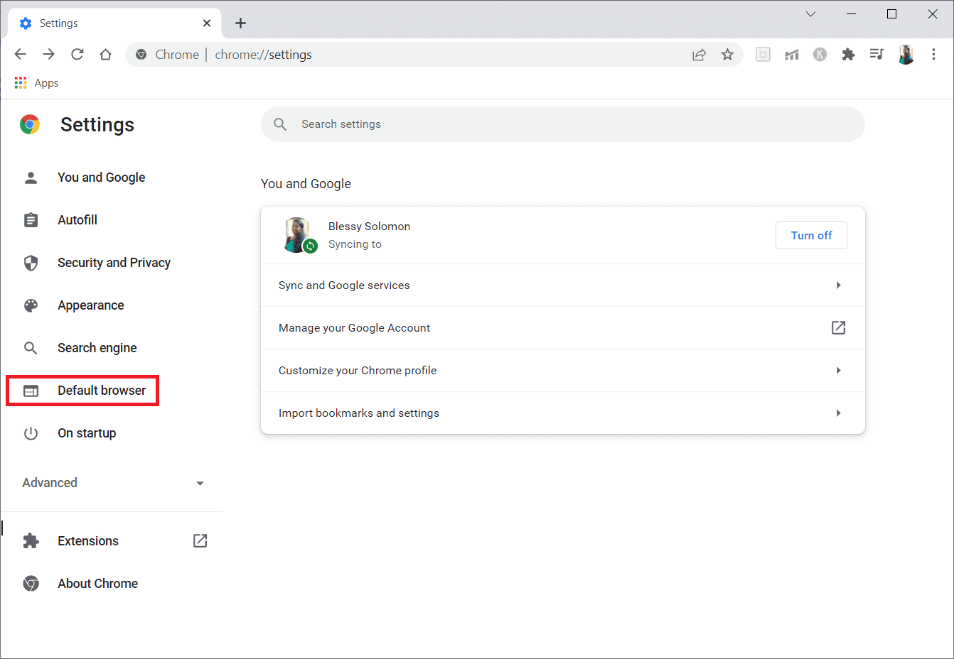 haga clic en el menú del navegador predeterminado en el panel izquierdo
