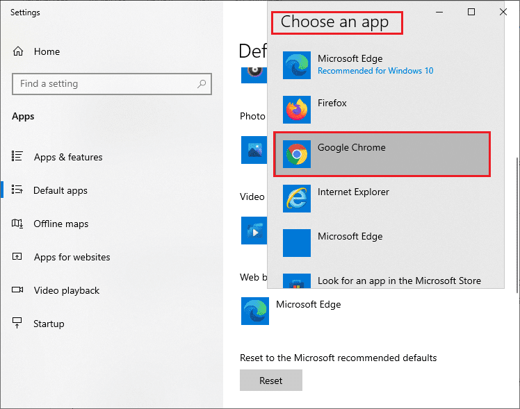 Ahora, seleccione Google Chrome de la lista desplegable del menú Elegir una aplicación.  Cómo cambiar Chrome como navegador predeterminado