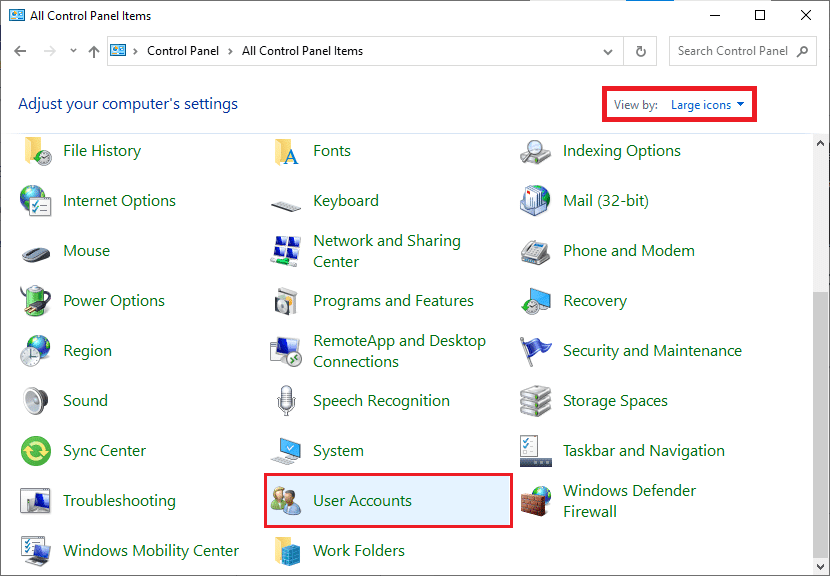 Establezca Ver por opción en Iconos grandes y haga clic en Cuentas de usuario.  Cómo cambiar Chrome como navegador predeterminado