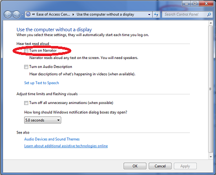 Centro de facilidad de acceso - Windows 7 - Narrador