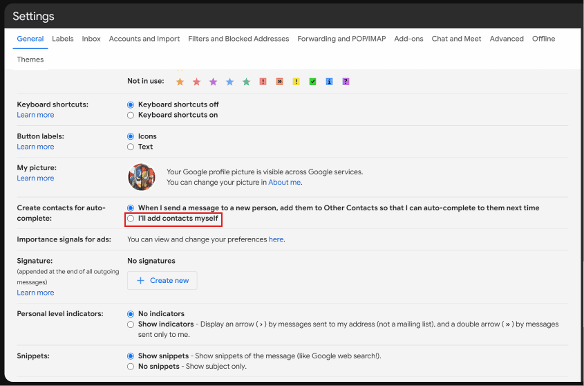 Desplácese hacia abajo y haga clic en Agregaré contactos yo mismo junto a la opción Crear contactos para autocompletar. | Cómo eliminar direcciones de correo electrónico de Gmail Autocompletar en Android | eliminar sugerencias de correo electrónico de la aplicación Gmail