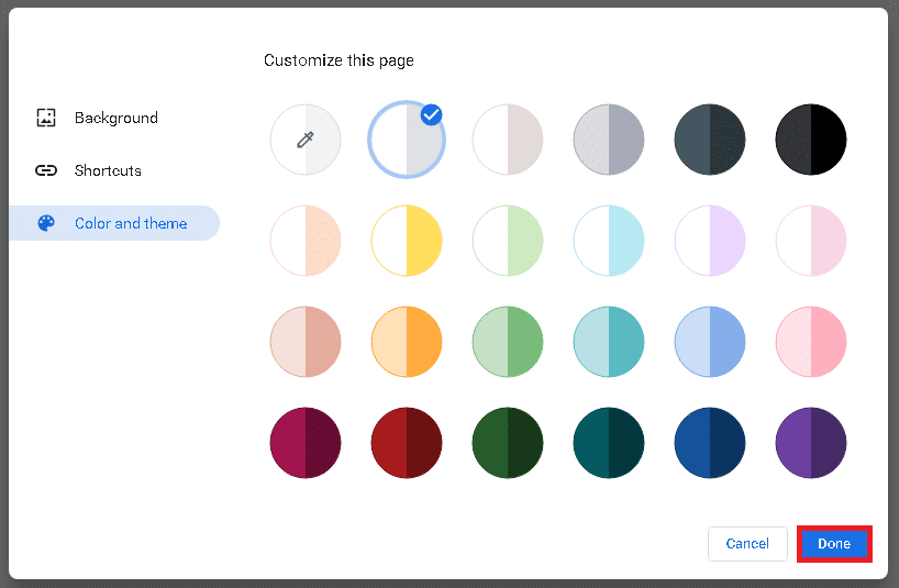 Seleccione el color y el tema de cambio de color que desee y haga clic en Listo.  Cómo eliminar temas de Chrome