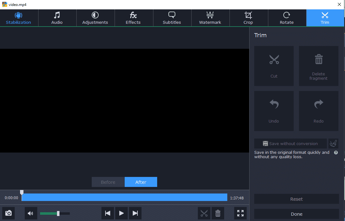 Compara el vídeo antes y después de los cambios en Movavi