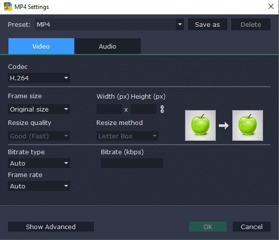 También puede ajustar configuraciones como códec, tamaño de cuadro, velocidad de cuadro, etc.