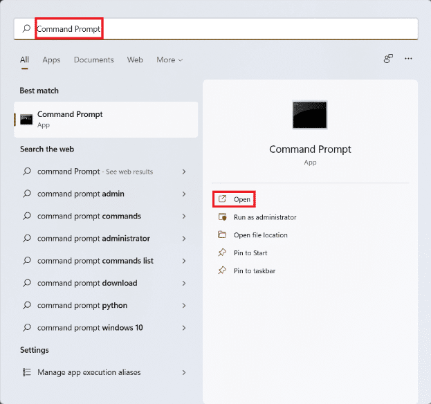 Resultados de la búsqueda en el menú Inicio para el símbolo del sistema.  ¿Cómo encuentro la clave de producto en Windows 11?