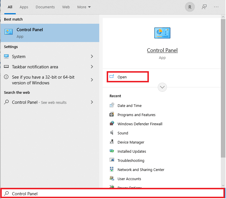 Abra el menú Inicio, escriba Panel de control y haga clic en Abrir en el panel derecho | ¿Qué es la información de instalación de InstallShield?