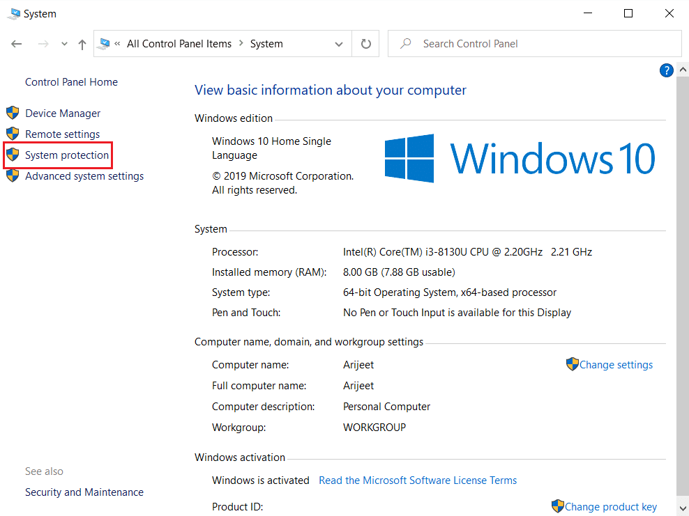 haga clic en Protección del sistema en la ventana de configuración del sistema