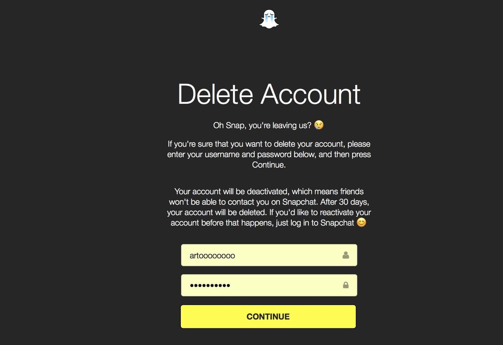 Una vez que haya ingresado sus datos nuevamente, toque el botón Continuar | Cómo deshabilitar la cuenta de Snapchat temporalmente