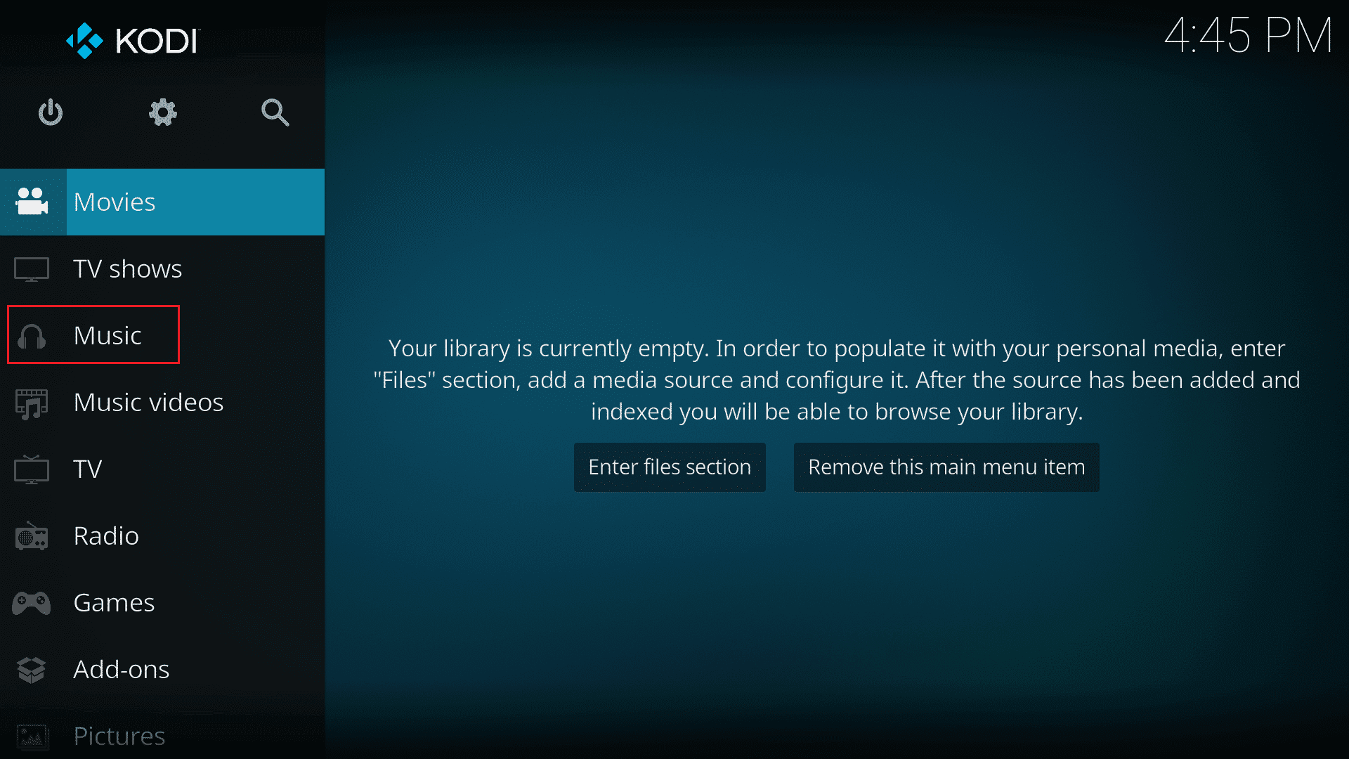 seleccione la opción de música en la aplicación de Windows Kodi