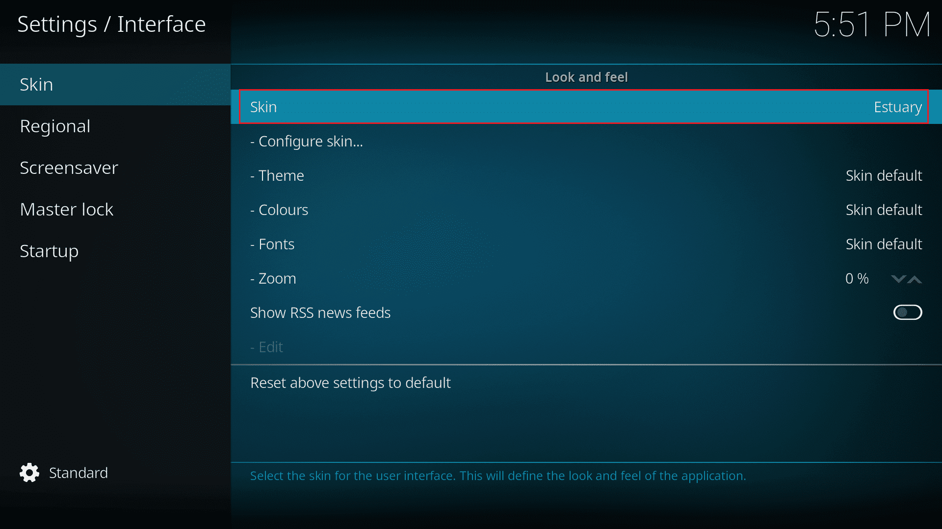 haga clic en la opción Skin en la aplicación Kodi