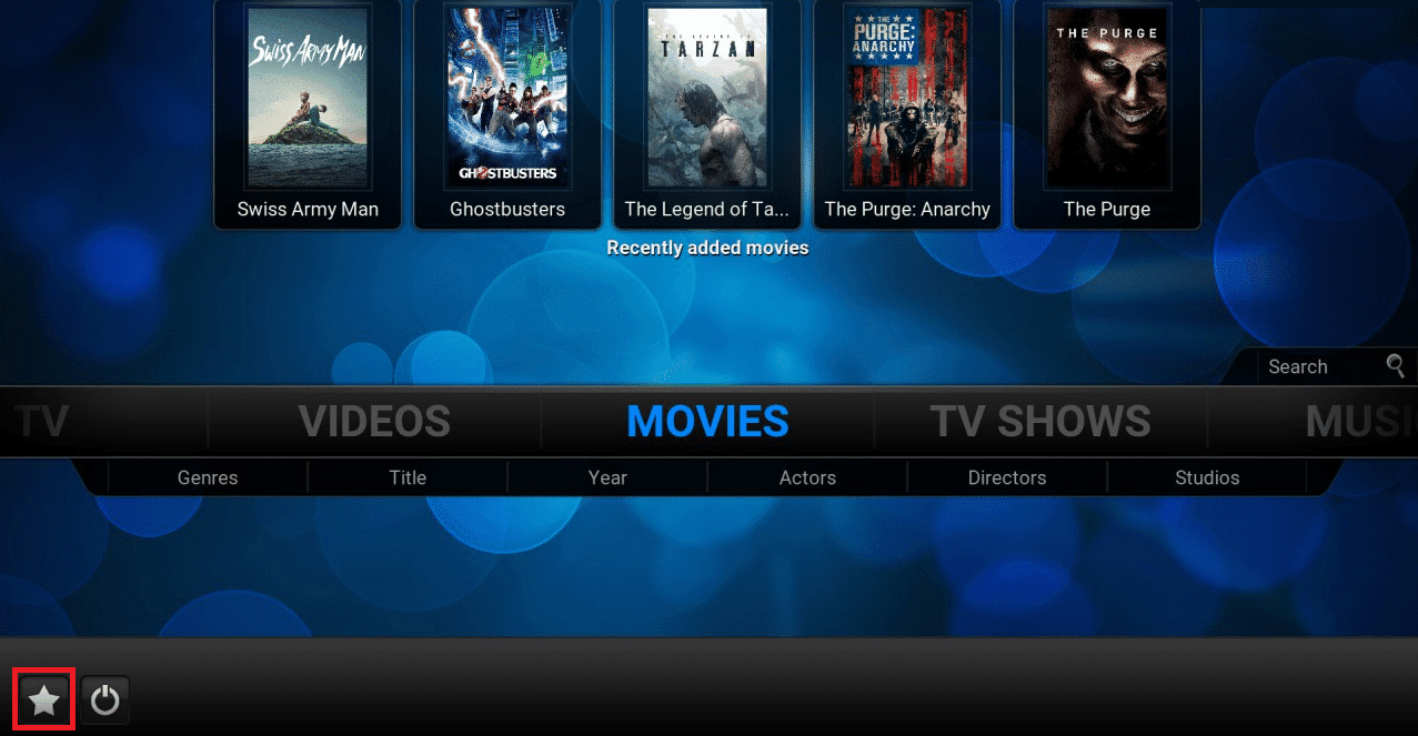 Haga clic en el icono de estrella en la parte inferior de la pantalla de inicio de Kodi