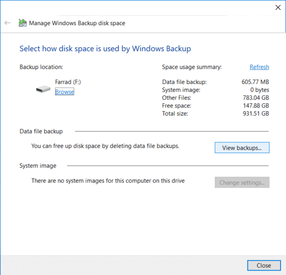 Ahora, en Copia de seguridad del archivo de datos, haga clic en Ver copias de seguridad