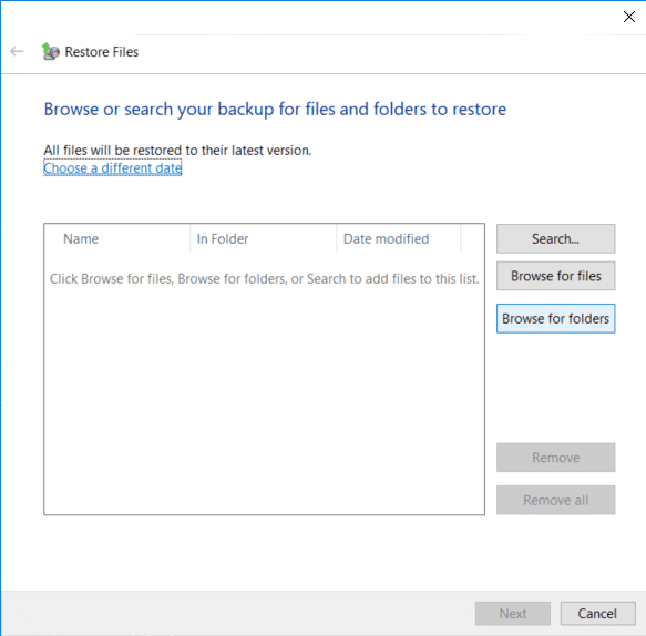 Para restaurar archivos, haga clic en Buscar archivos si desea restaurar carpetas y luego haga clic en Buscar carpetas
